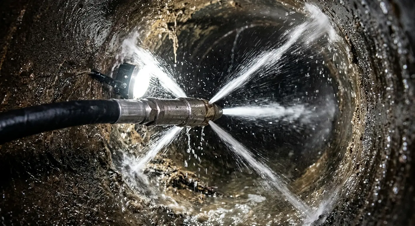 High-pressure hydro jetting nozzle cleaning sewer pipe for Emergency Drain Service in Dover